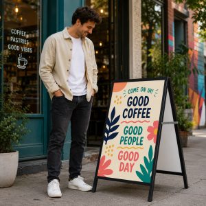 Man by A-frame sign advertising good coffee, pastries, good vibes