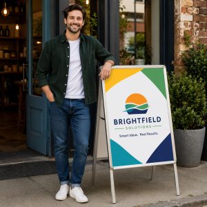 Brightfield Solutions: Man by A-frame sign with logo and slogan.