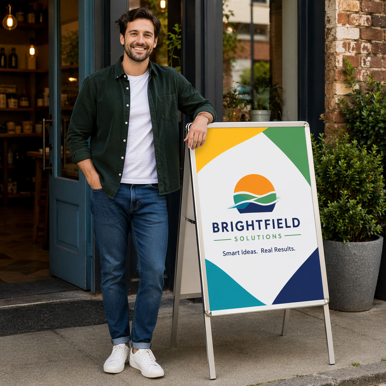 Brightfield Solutions: Man by A-frame sign with logo and slogan.