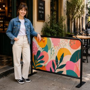 Woman in denim jacket and white pants smiles by a cafe with a colorful outdoor barrier.