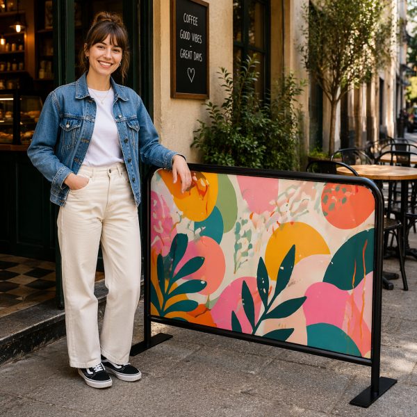 Woman in denim jacket and white pants smiles by a cafe with a colorful outdoor barrier.