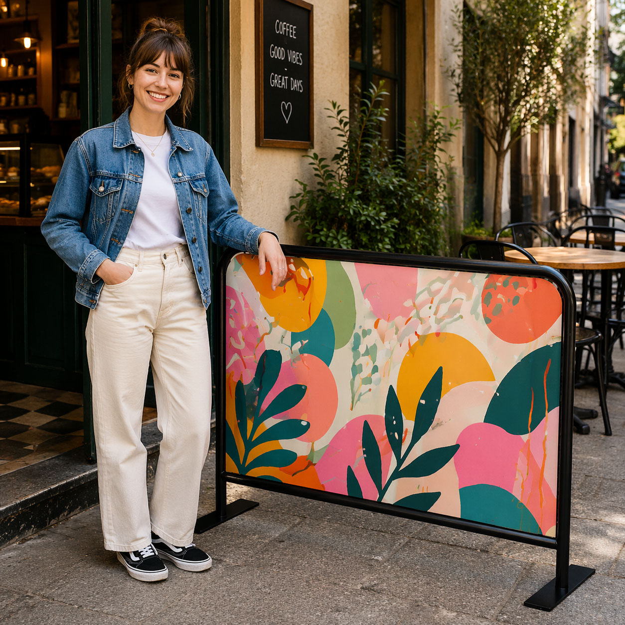 Woman in denim jacket and white pants smiles by a cafe with a colorful outdoor barrier.